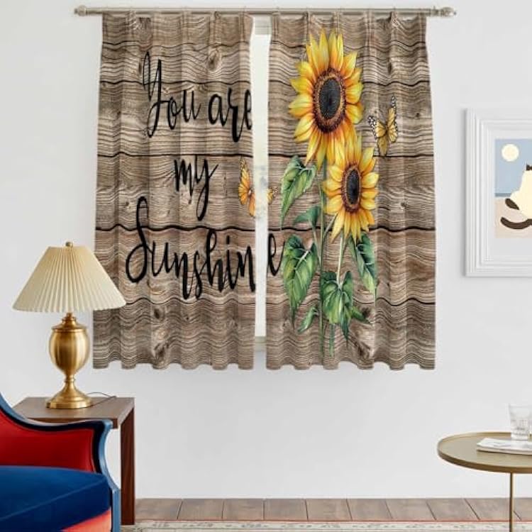 Sunflower Yellow Blackout Curtains for Bedroom, Sunshine Butterfly Farmhouse Wood Brown Room Darkening Curtains for Living Room with Hooks, Thermal Insulated Drapes 2 Panels, 79 Wx32 L