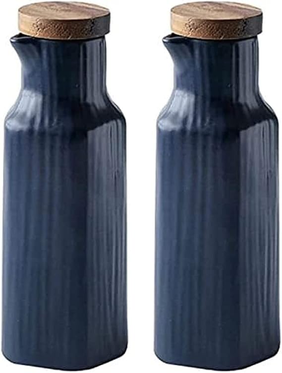 Ceramic Vinegar & Oil Dispenser Set of 2 Vinegar & Oil Bottles 300 ml Oil Dispenser Olive Oil Dispenser Oil Bottle Vinegar Bottle for BBQ Cooking Grilling Pasta (Blue)