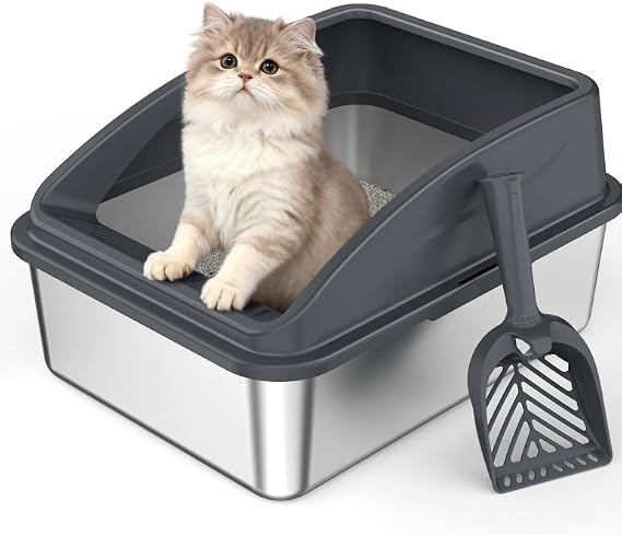 FURTIME Stainless Steel Cat Litter Tray, Cat Litter Box Grey, 44x33x21cm | with Detachable Enclosure, 21cm High Sided Anti-Spillage and 44cm Litter Tray with Lid for All Cats, with Litter Scoop