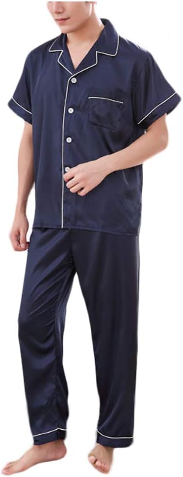 Wowcarbazole Men's silk Satin Pajamas Set Long/short Sleeve Button-Down Sleepwear with front pocket