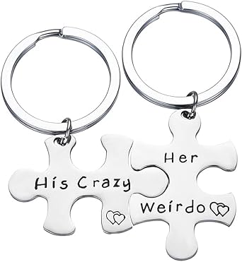 URSMART Couple Gifts Keychain, Puzzle Piece Keychains His Crazy Her Weirdo Matching Keychains Gift for Boyfriend Girlfriend Anniversary Christmas Valentines