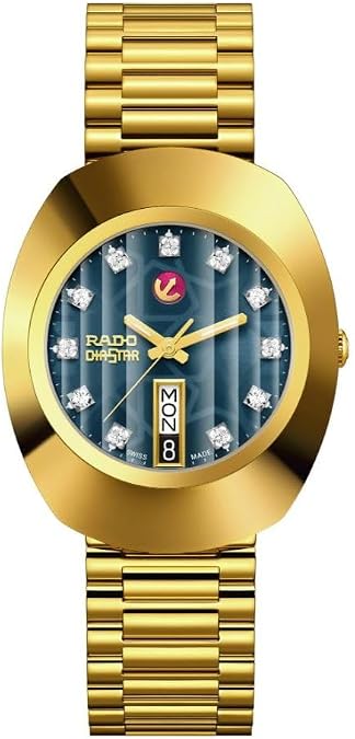 Rado - DiaStar Original - Men's Automatic Swiss Watch - 35mm Oval Blue Dial with Date - Gold Stainless Steel Bracelet - R12413523