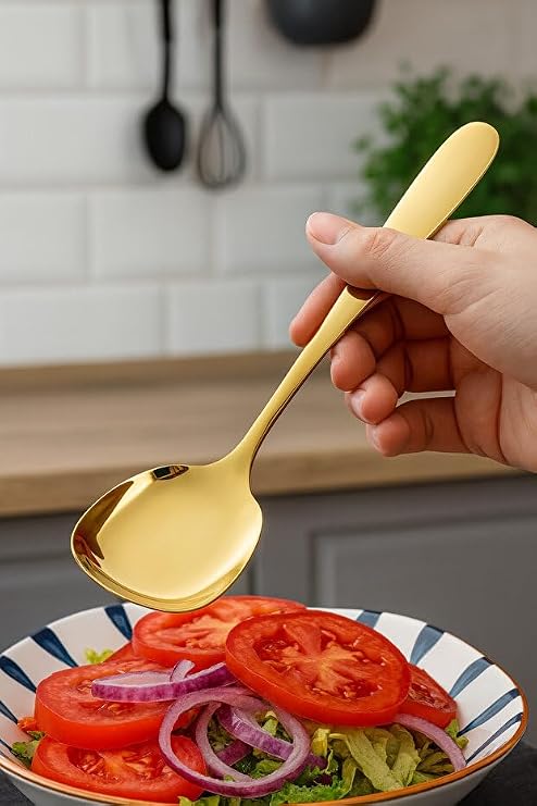 2 ADET Paslanmaz Gold Çelik Lüx Servis Salata Kaşığı Spatula Çelik Yemek Servis Kaşığı 21cm