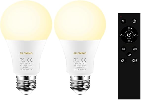 LED Bulb with a 2.4GHz Remote Control, A60 Smart Light Bulb for Lamp, Bedroom, Mood Soothing,12W 1000lm,100W Equivalent,Stepless Dimmable 1% to 100% 2700-6500K,2 Bulb & 1Remote