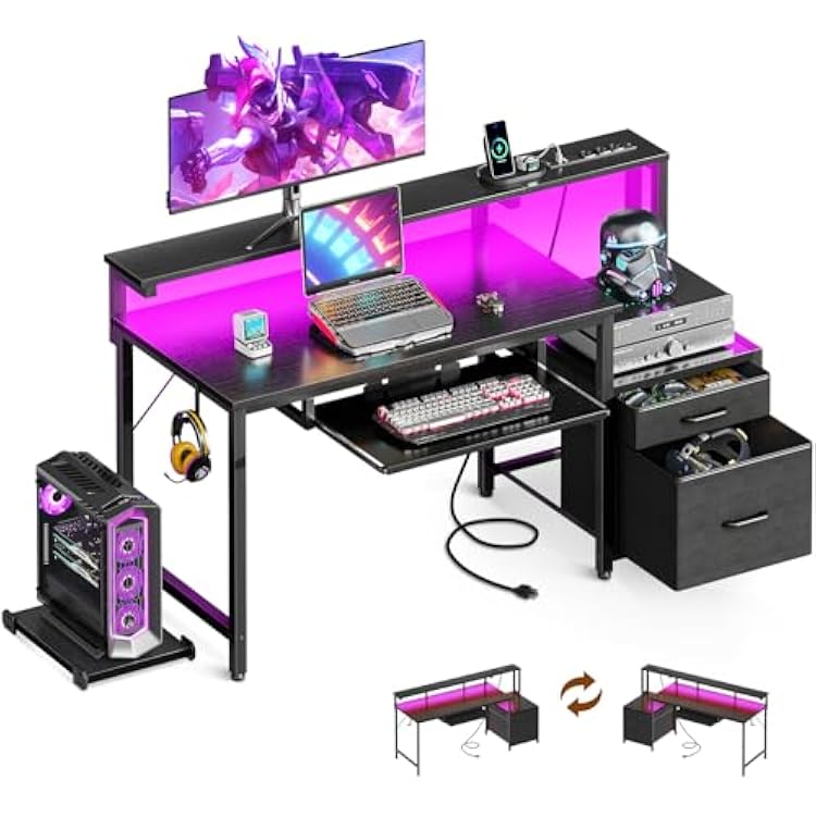AODK Computer Desk with Drawers and Keyboard Tray, 48 Office Desk with Power Outlet and LED Lights, Reversible Study Work Desk with Printer Shelf and PC Stand for Home Office, Black