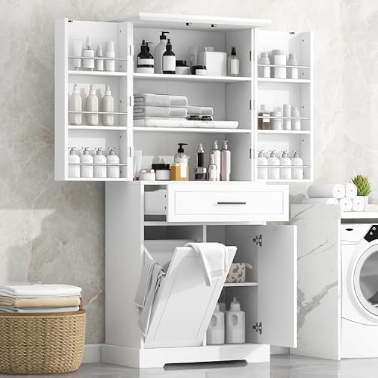 72 Tall Freestanding Storage Cabinet with Drawers, Doors, Adjustable Shelves & Tilt-Out Laundry Hamper, Modern Wood Organizer for Bathroom, Laundry Room, Office, White