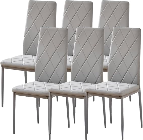 Grey PU Leather Dining Chairs Set of 6 High Back with Metal Legs for Dining Room Kitchen, Side Chairs for Restaurant Office Meeting Home/Commercial (6, Grey Argyle Leather)