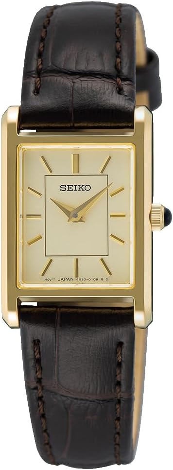 Seiko SWR110P1 Women's Quartz Watch, Sapphire Glass, Gold Dial, Brown Leather Band, Overseas Model