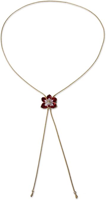 NOVICA Artisan Handmade Natural Orchid Lariat Necklace Gold Plated from Thailand Flower Leaf No Stone Floral [34.5 in Inner Circ. 2 mm W Pendant(s) 0.9 in L x 0.8 in W x 0.7 in D] ' Scarlet Dancer'