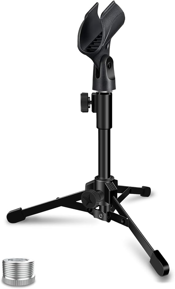 Desktop Mic Stand Portable Foldable Tripod with Mic Clip Holder and 5/8" Male to 3/8" Female Screw Adjustable Microphone Stand.