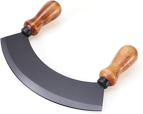 6.8 Inch Stainless Steel Mezzaluna Knife - Salad Chopper Rocker Pizza Cutter Rocker Knife Curved Blade Sharp Blade Double Acacia Wood Handle Fruit Vegetable Mincing (6.8 Inch Black)