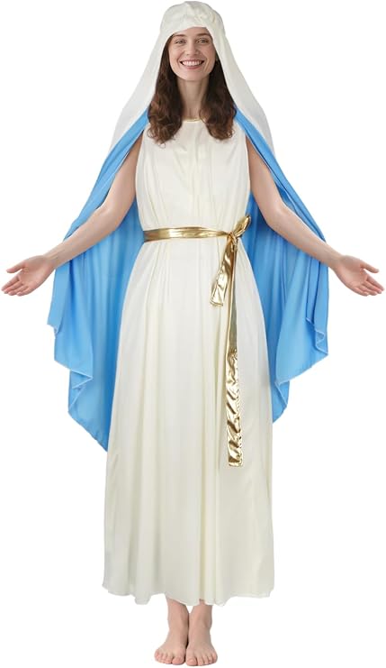 Adult Virgin Mary Costume for Women, Biblical Robe with Veil & Gold Belt