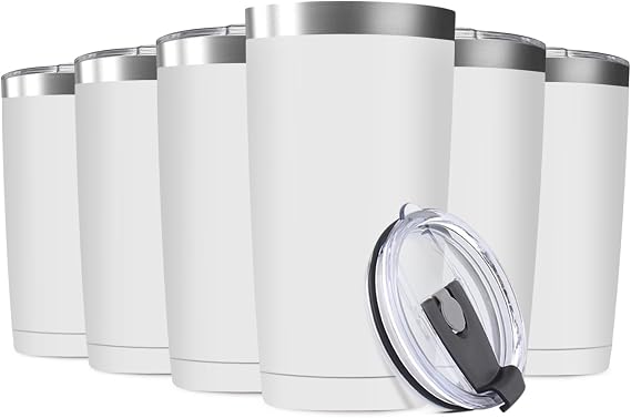 6 Pack 20oz Tumbler Vacuum Insulated Travel Mug with Lids, Stainless Steel Double Wall Bulk Cup for Home, Office, Outdoor Suitable for Vehicle Cup Holders(White)