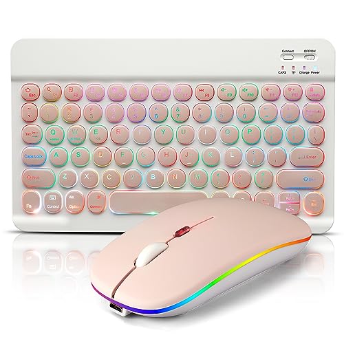 Bluetooth Keyboard and Mouse Combo for iPad - Rechargeable Wireless Keyboard & Mouse with 7-Color Backlit Compatible with iPad 9th8th Gen, iPad ProAirMini, iPhone141312 Pro, Round Keys Pink