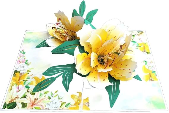 3D Pop Up Birthday Card With Lily Bouquet - Handmade - Yellow Flowers - 6" x 8"