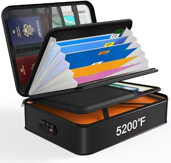 Fireproof Document Box with Lock 5200F-8 Layer | 15.0"x11.0"x4.3" Water Resistant Document Organizer ,Portable Home Travel Safe Storage Box for Important Documents,File