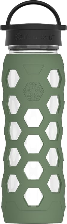 Lifefactory 22oz Glass Water Bottle with Classic Chug Cap, Olive | Protective Silicone Sleeve, Chug Cap, Carry Handle, BPA Free, Reusable, Dishwasher Safe