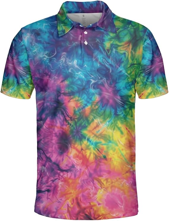 Tie Dye Polo Shirts for Men - Ocean Lover Stylish Mens Goft Shirt Casual Short Sleeve Button Down Outfit Set 24