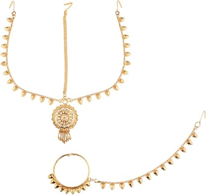 Efulgenz Matha Patti with Indian Nose Rings Bollywood Bridal Jewelry for Women Floral Headband Fake Septum Nose Rings Hoop with Chain Nath Nathni Wedding Fashion Jewelry Headpiece Hair Accessories