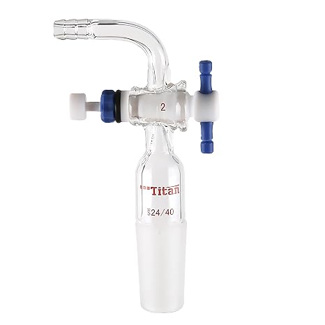 Glass Vacuum Flow Control Adapter with 2mm PTFE Stopcock & 24/40 Inner Joint, 90 Degree Bent Hose Connection