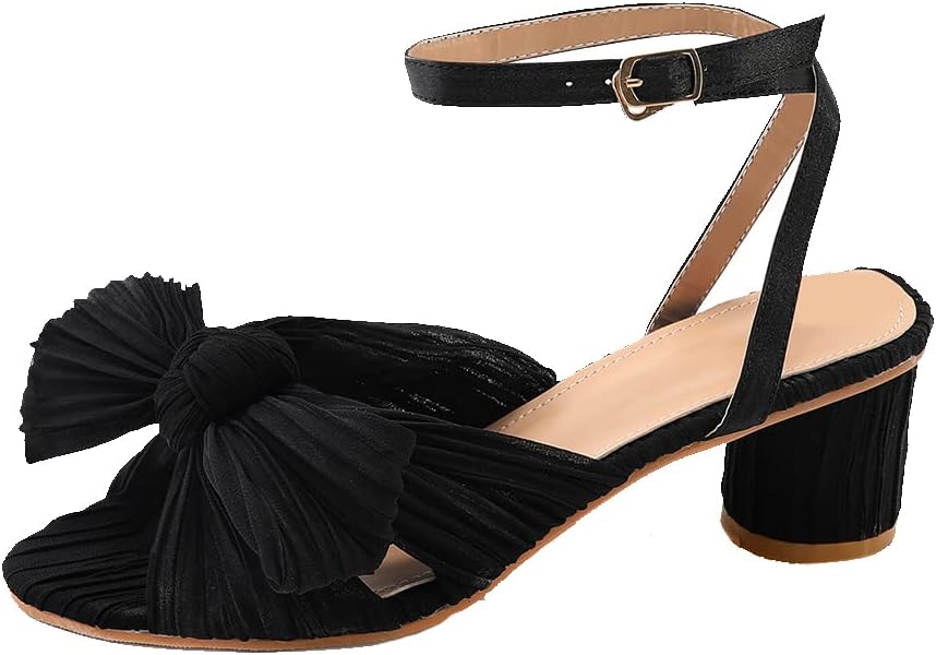 Tscoyuki Women's Pleated Bow Knotted Heels Sandals, Wedding Ankle Strap Open Toe High Block Chunky Heel Evening Party Dress Pumps Shoes