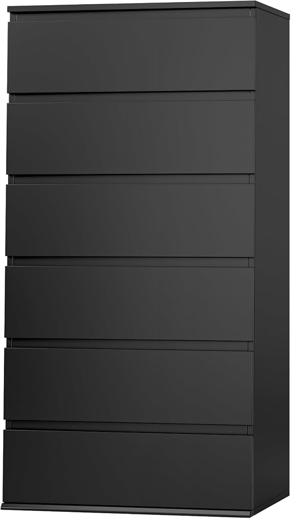 FOTOSOK Black Dresser, 6 Drawer Dresser with Handleless Drawer Cabinet