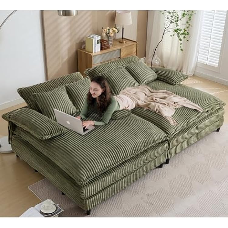 Oversized Chaise Lounge Chair Indoor with Adjustable Backrest, 101Wx 59D Comfy Corduroy Sleeper Chaise Fluffy Plush Upholstered Sofa Bed Reading Cloud Couch Chairs for Living Room, Green