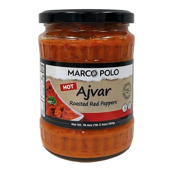 Marco Polo Ajvar Hot - Roasted Red Pepper Spread Hot, 19.3 oz | Authentic Balkan culinary treasure. Use ajvar as a condiment to spread, dip or an ingredient to cook, roast with food.