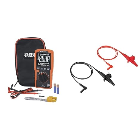Klein Tools MM450 Multimeter, Slim Digital Meter, Auto-Ranging TRMS, 600V AC/DC Voltage, Current, Resistance, Temp, Frequency, Continuity, Orange & 69381 Alligator Clip Test Leads