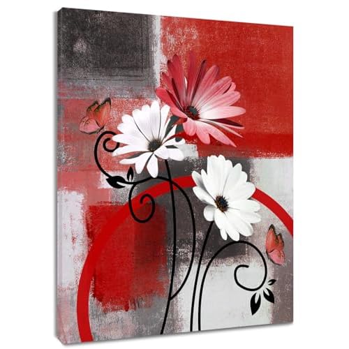LB Red Daisy Geometric Wall Art for Bathroom Plant Flower and Butterfly Canvas Wall Art Wall Paintings Home Decor Rustic Floral Wall Pictures for Living Room Bedroom Office Ready To Hang,16x20 Inch