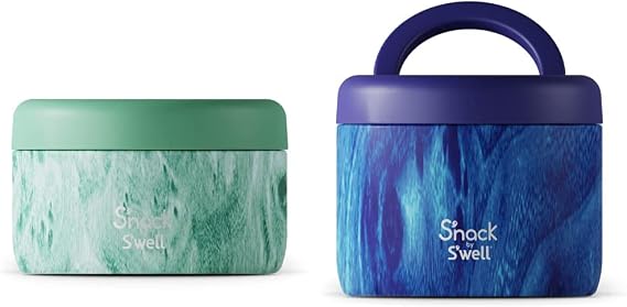 S'well S'nack Stainless Steel Food Container - 10 Oz - Peppermint Tree - Double-Layered Insulated Bo and S'nack Stainless Steel Food Container - 24 Oz - Azure Forest - Double-Layered Insulated Bowls