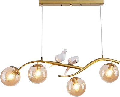 Sputnik Chandelier 4-Light Brushed Brass Pendant Lighting Mid Century Handmade Resin Bird Pendant Lighting with Gold Glass Ball for Bedroom Living Room Kitchen Dining Room
