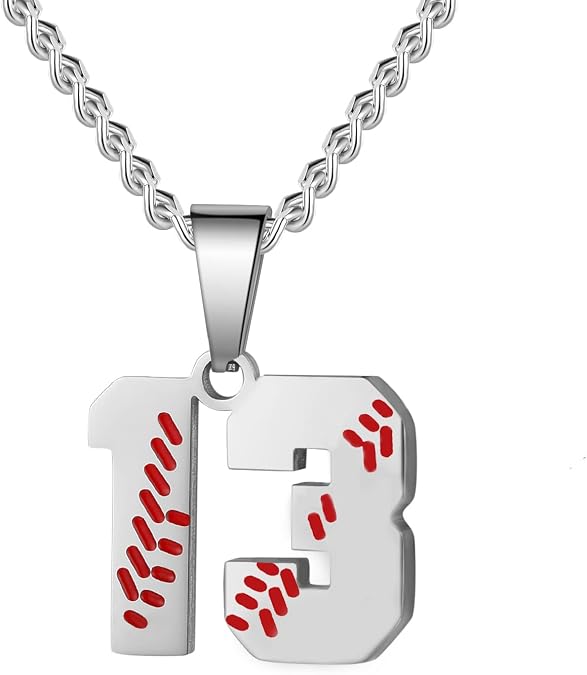 Hatti Doris Baseball Number Necklace for Men 00-99 - Jersey Number Necklace with Stainless Steel Gold Plated Chain & Baseball Charm Pendant