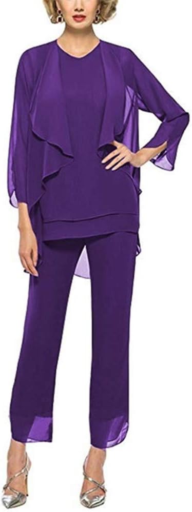 Women's Pant Suits 3 Pieces Chiffon Jacket Outfit Plus Size Full Sleeves Mother of The Bride Dress