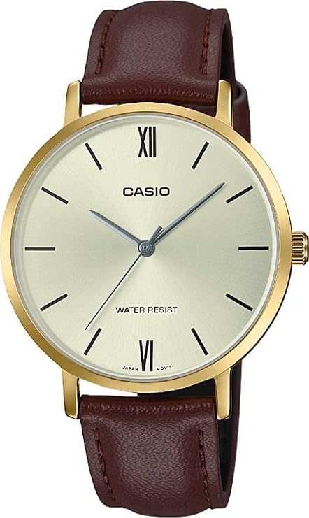 Casio LTP-VT01GL-9B Women's Minimalist Gold-Tone Brown Leather Band Gold Dial Three-Hand Analog Watch