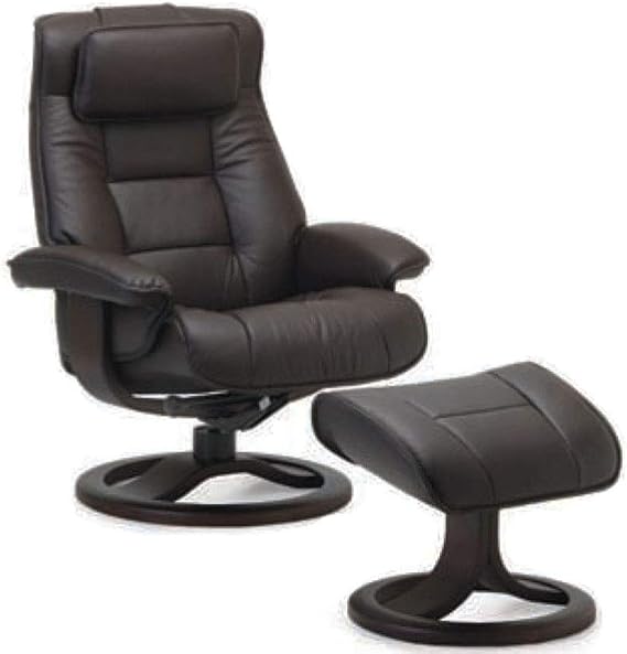 Fjords Mustang Small Leather Recliner Chair and Ottoman Norwegian Ergonomic Furniture Nordic Line Genuine Black Leather Cherry Wood