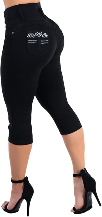 Moda Xpress Womens Juniors High Waisted Butt Lifting Stretch Denim Capris, Slim Fit, Casual Summer Style