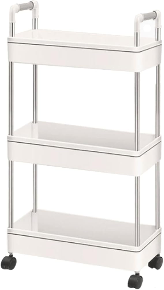 Plastic Storage Trolley on Wheels Slide-out Slim Rolling Utility Cart Mobile Storage Shelving Organizer for Kitchen, Bedroom, Bathroom, Office (3-Tier,With armrest)