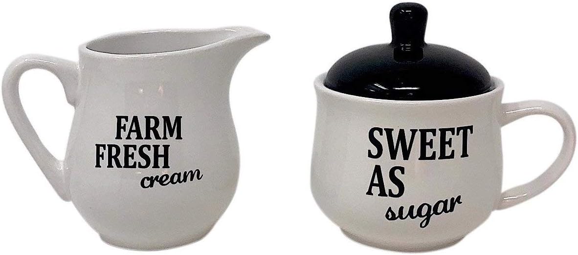 Set Sugar Bowl and Cream Server Holder Ceramic Black & White Farmhouse Table Kitchen Decor