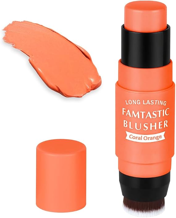 Blush Stick, Dual-Ended Cream Blush Stick with Built-in Brush, Blends Effortlessly, High Pigment Blushs Makeup, Long-lasting Multi-Stick for Cheeks and Lips (Coral Orange)