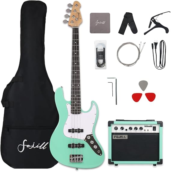 Fojill Full Size 4 Four String Electric Bass Guitar 20W Watt Amplifier Amp Right Hand Beginner Starter Kit Set Combo Bundle Accessory Gig Bag,Strap,Picks,Capo,Noiselss Cable,Strings (Green)