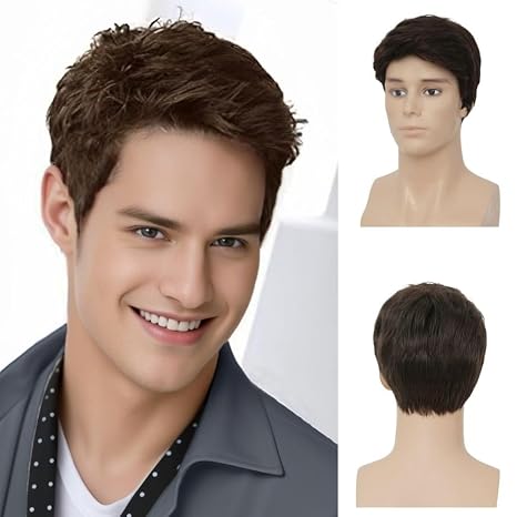 Brown Short Wigs for Men Medium Part Straight Hair Wig Synthetic Fibre Daily Wig (Dark Brown)