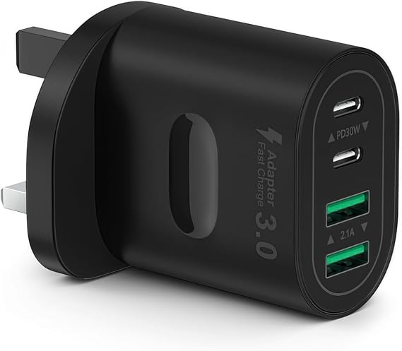 60W USB C Charger Plug, 4-Port Multi USB Plug UK Fast Charging Adapter (Dual USB-C 30W + Dual USB-A 5V/2.1A), GaN Type C Wall Charger for iPhone 16/15/14/13/12 Pro Max, iPad, Samsung, Android, Tablet