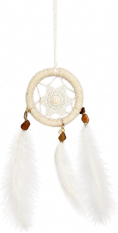 El Yapımı Dantel Düş Kapanı, Dreamcatcher Beyaz Tüylü, Doğal Taş Boncuklu, 8 cm Çap, Duvar ve Araba Süsü, 1 Adet