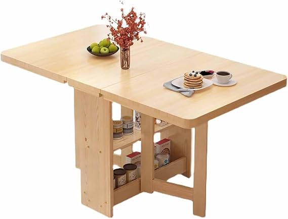 Folding Dining Table Drop Leaf Table, Space Saving Drop Leaf Dining Tables with 2-Layer Storage Shelf, Solid Wood, Utility Extendable Tables for Small Spaces(Color1,120x80cm/47.2x31.5in)