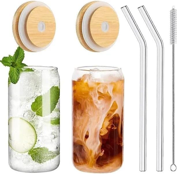 Cam İçecek Bardağı Seti, Bambu Kapaklı, 2 Adet Cam Pipet ve Temizleme Fırçası ile