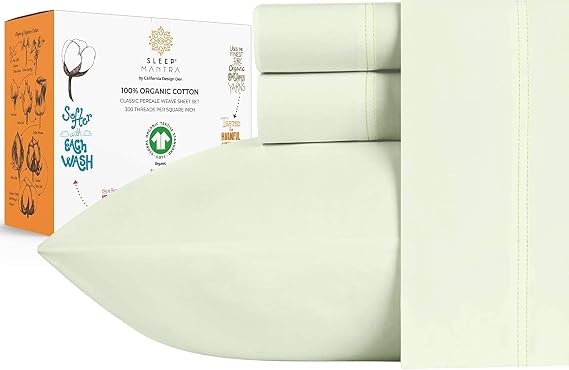Sleep Mantra Premium 100% Organic Cotton Queen Bed Sheet Set - Soft & Cooling Percale Weave - 4 Piece Bedding Set with Deep Pocket - GOTS Certified - Breathable & Eco-Friendly (Queen, Pistacho Green)