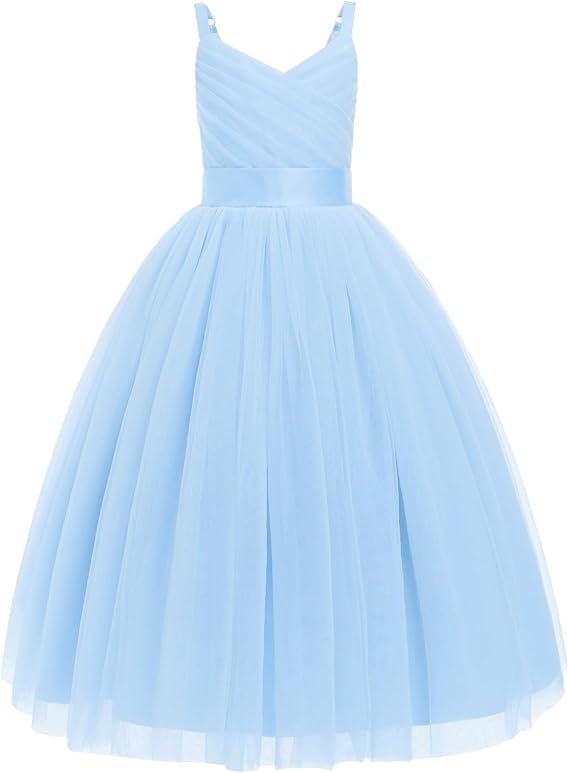 OBEEII Flower Girl Dress for Wedding Pleated V Neck Satin Tulle Princess Dress Junior Bridesmaids Pageant Formal Ball Gown