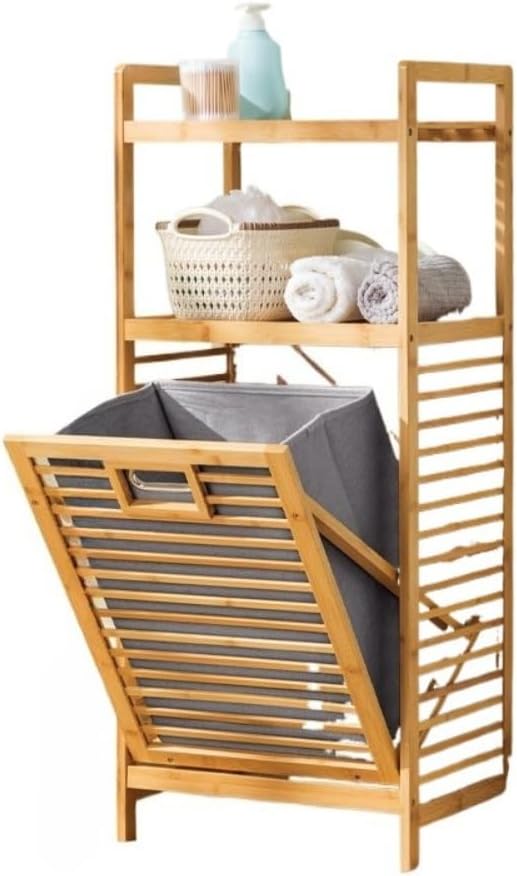 Bamboo Bathroom Cabinet Laundry Storage Laundry Hamper Large Capacity Easy to Assemble Natural Material Moisture Proof Multifunctional Organizer Tilt Out Basket Laundry Hamper Washroom Bathroom