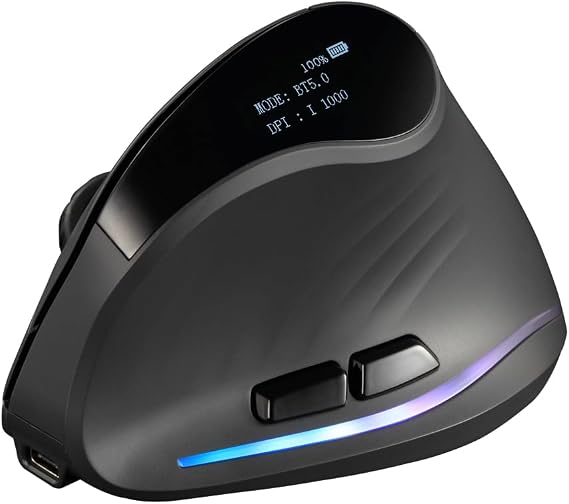 zelotes Bluetooth Wireless Vertical Mouse with Display,Rechargeable,Dual Mode (BT 5.0/3.0 + 2.4G USB Receiver),4000 DPI(5-Level Adjustable),Optical Portable Ergonomic Mouse for PC,Laptop,Tablets,Black